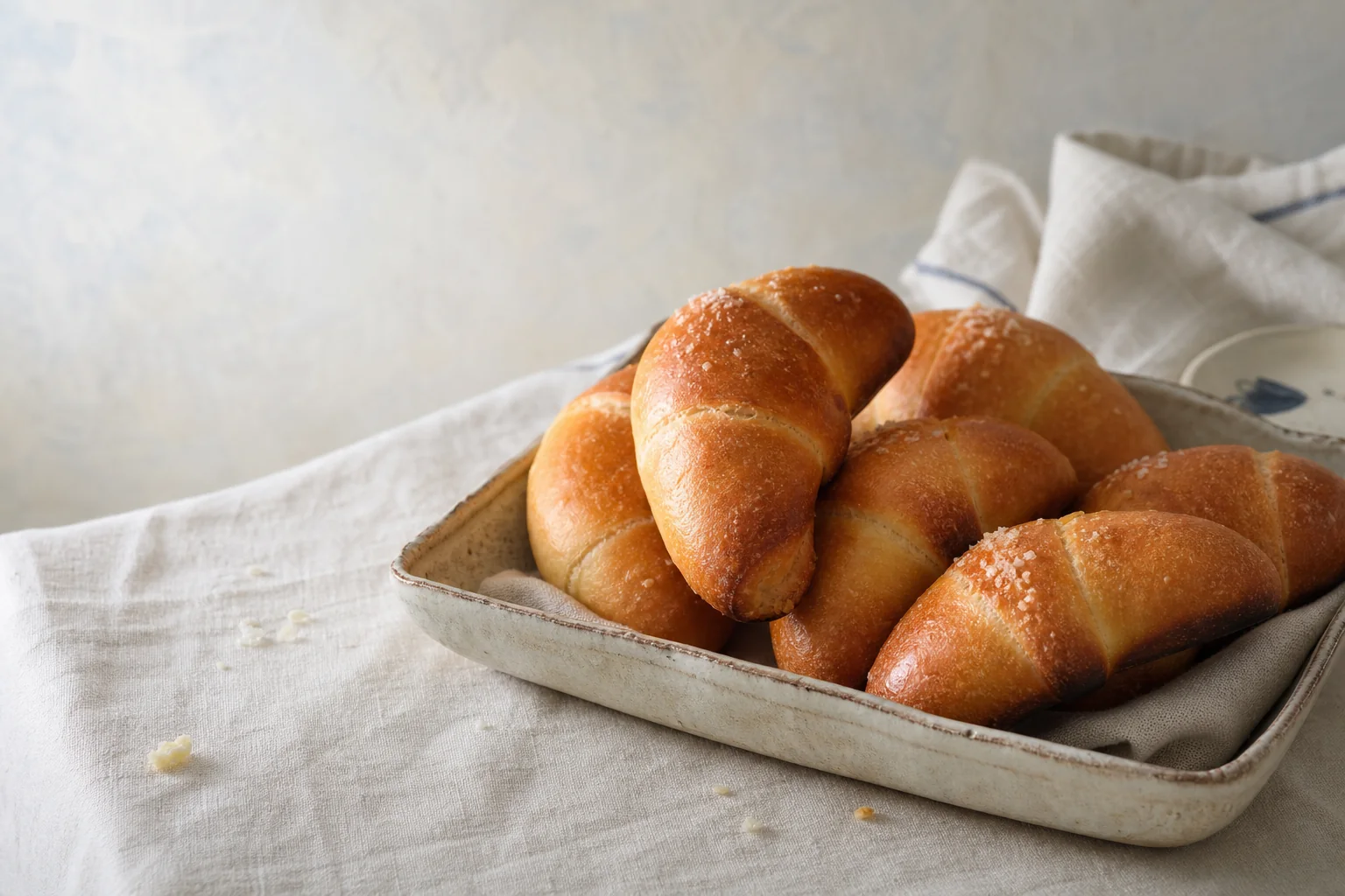 Golden Japanese salt bread arranged on a ceramic tray